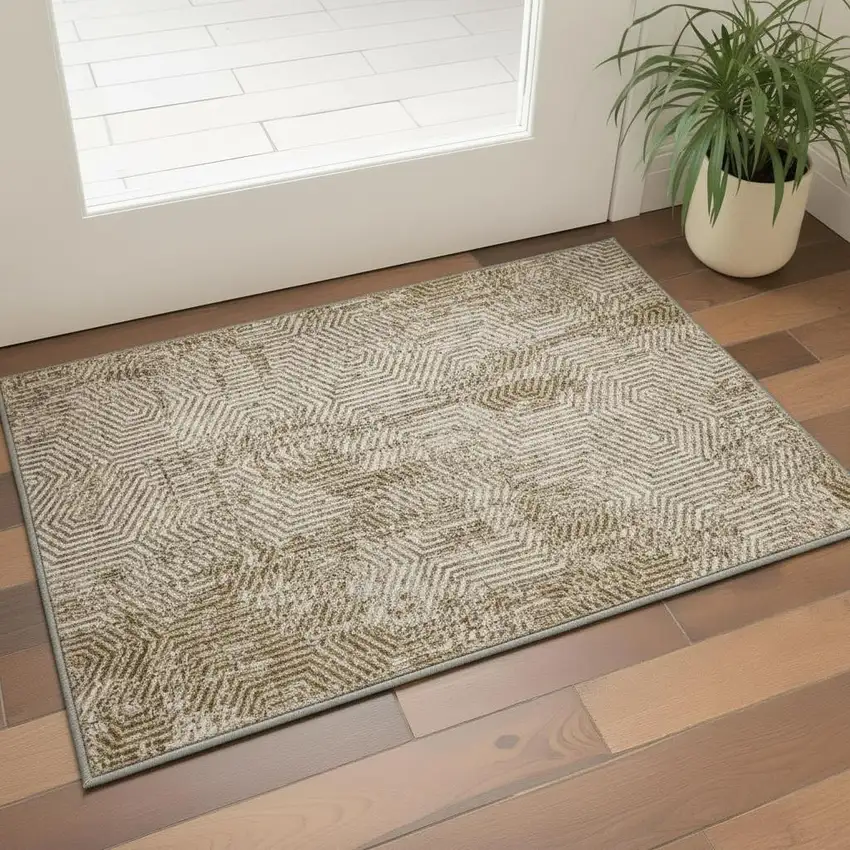 Coffee And Beige Geometric Washable Area Rug With UV Protection Photo 2