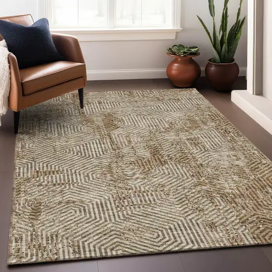 Coffee And Beige Geometric Washable Area Rug With UV Protection Photo 5