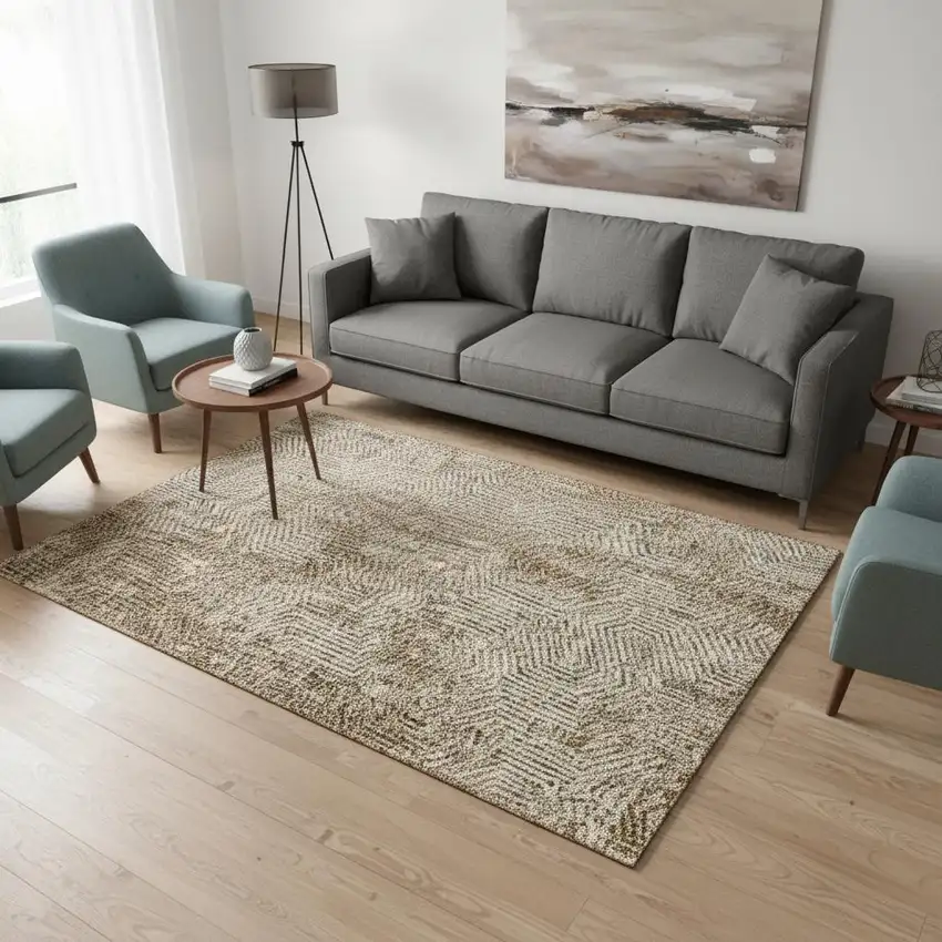 Coffee And Beige Geometric Washable Area Rug With UV Protection Photo 2