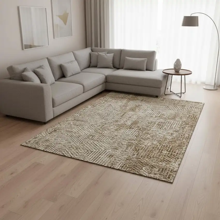 Coffee And Beige Geometric Washable Area Rug With UV Protection Photo 2