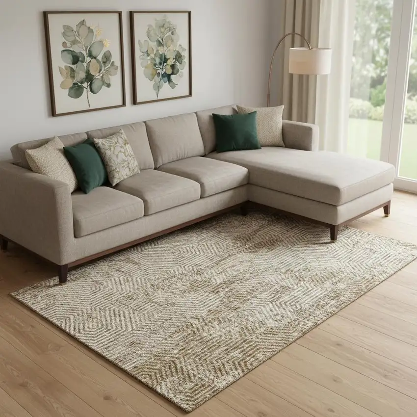 Coffee And Beige Geometric Washable Area Rug With UV Protection Photo 1