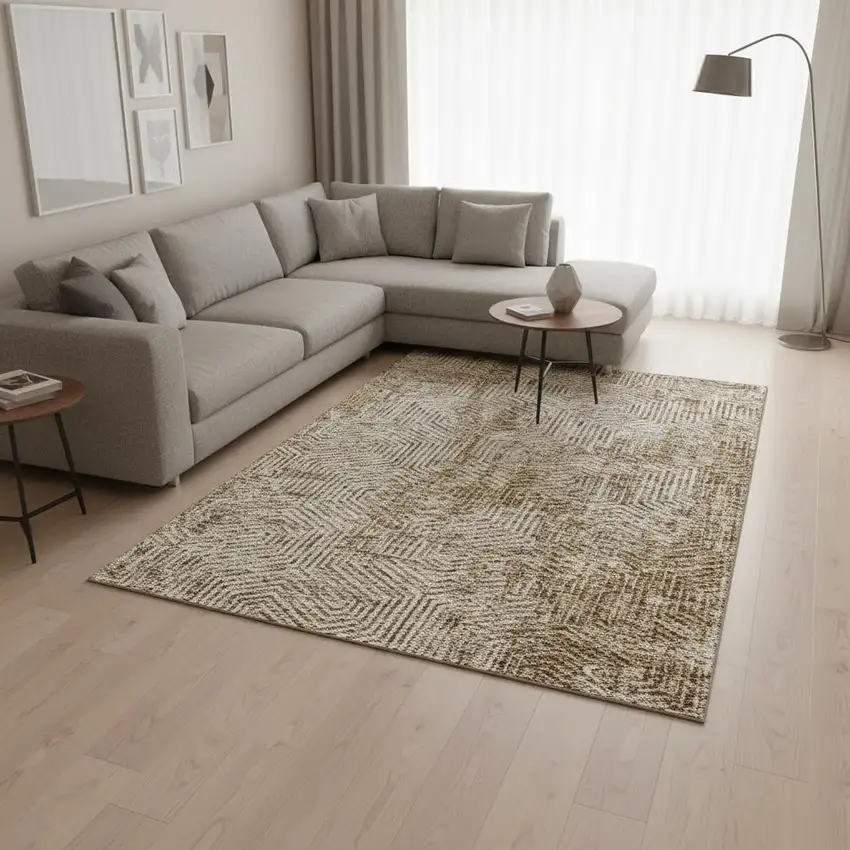 Coffee And Beige Geometric Washable Area Rug With UV Protection Photo 2