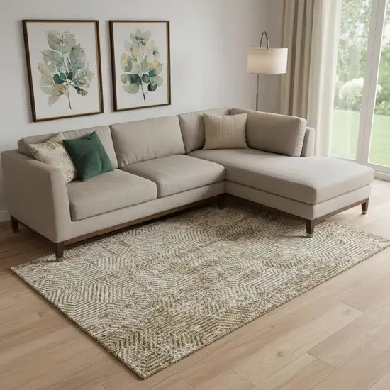 Coffee And Beige Geometric Washable Area Rug With UV Protection Photo 1