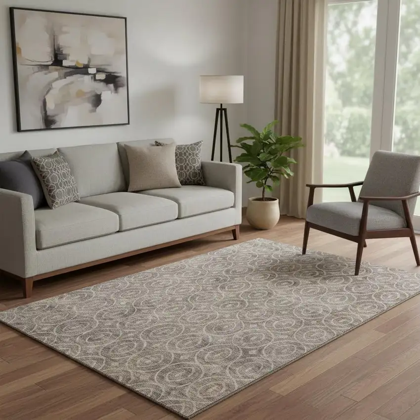 Coffee And Beige Geometric Washable Area Rug With UV Protection Photo 2