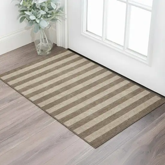 Coffee And Beige Striped Washable Area Rug With UV Protection Photo 1
