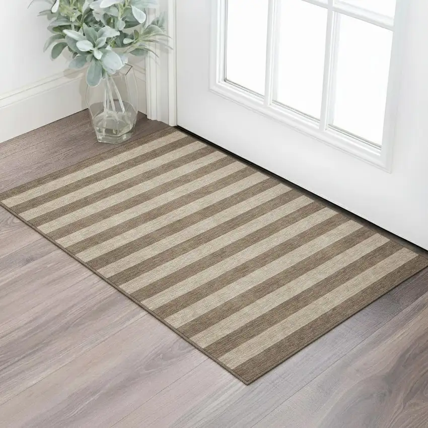 Coffee And Beige Striped Washable Area Rug With UV Protection Photo 1