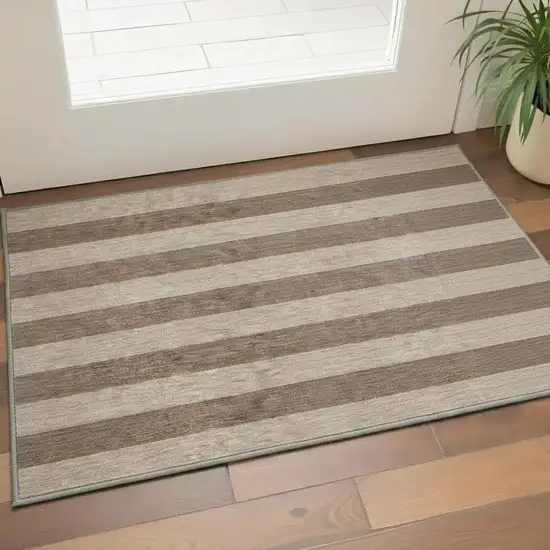 Coffee And Beige Striped Washable Area Rug With UV Protection Photo 2