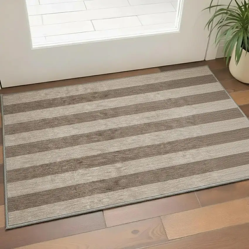 Coffee And Beige Striped Washable Area Rug With UV Protection Photo 2