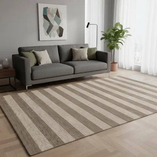 Coffee And Beige Striped Washable Area Rug With UV Protection Photo 2