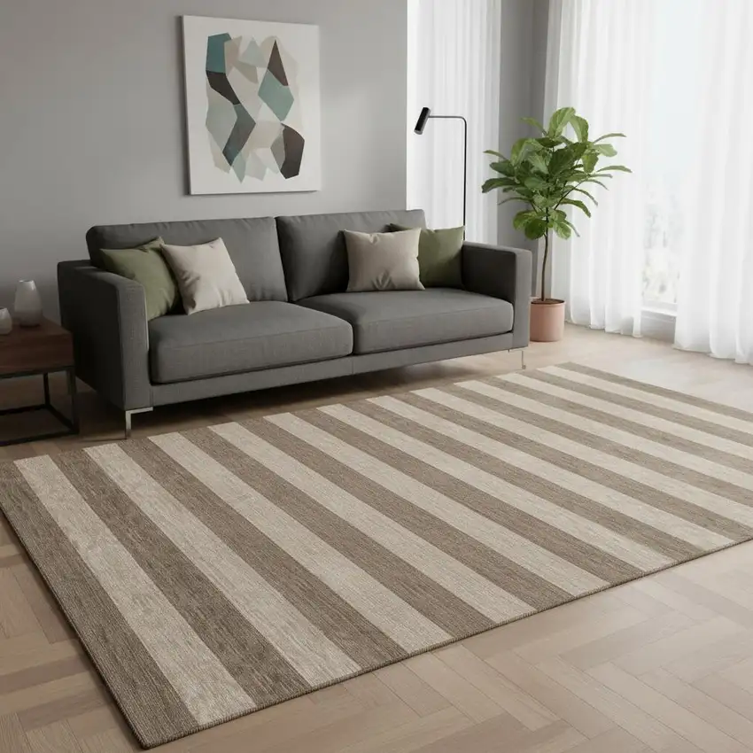 Coffee And Beige Striped Washable Area Rug With UV Protection Photo 2