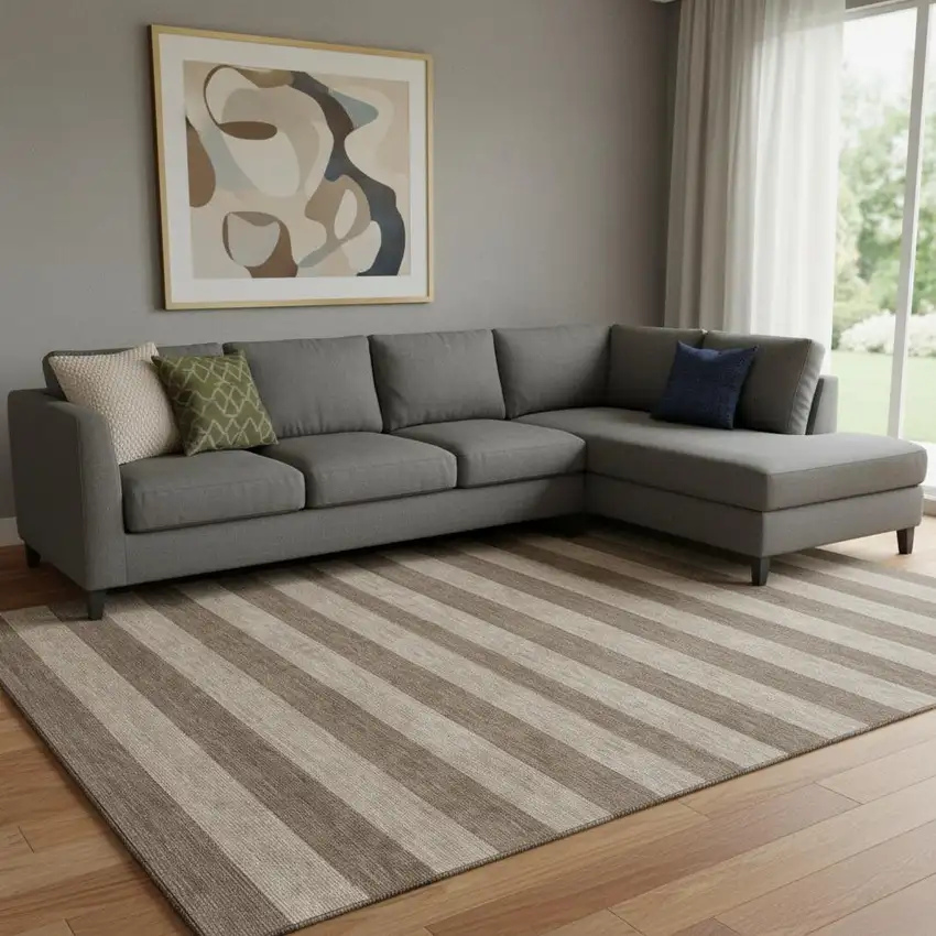 Coffee And Beige Striped Washable Area Rug With UV Protection Photo 1