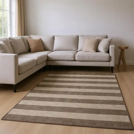 Coffee And Beige Striped Washable Area Rug With UV Protection Photo 2