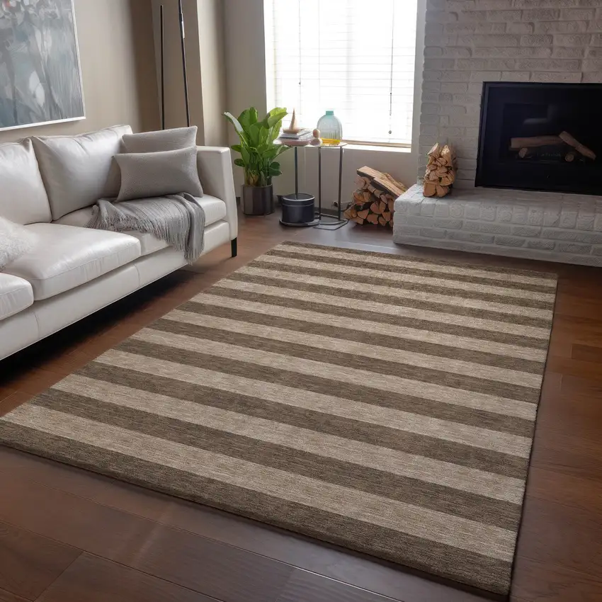 Coffee And Beige Striped Washable Area Rug With UV Protection Photo 6