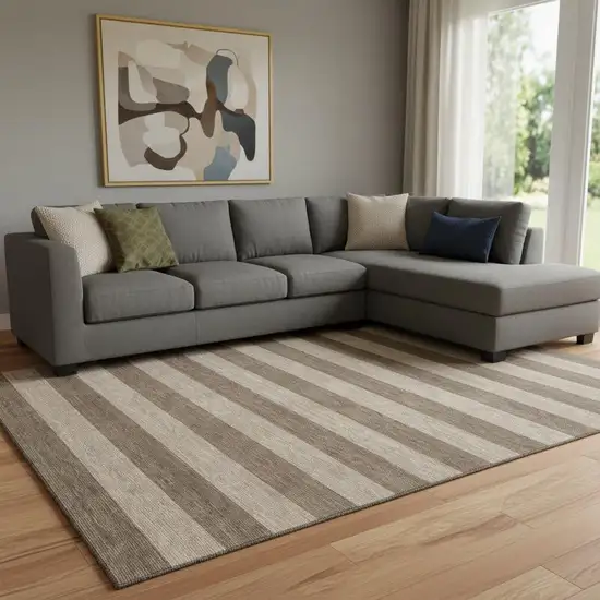 Coffee And Beige Striped Washable Area Rug With UV Protection Photo 1