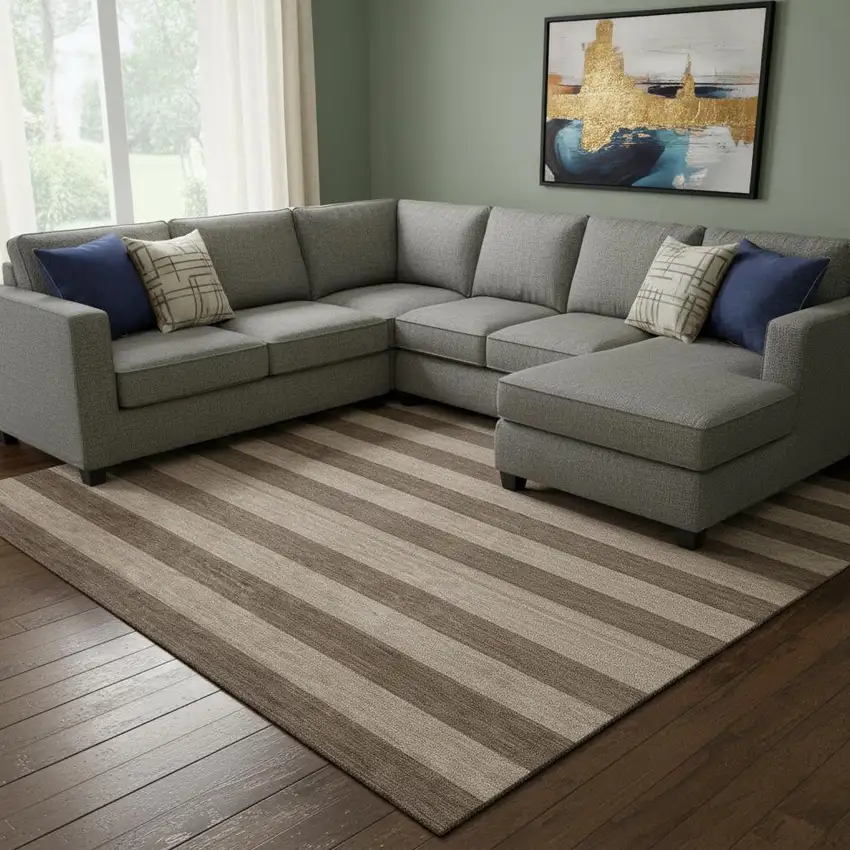 Coffee And Beige Striped Washable Area Rug With UV Protection Photo 1