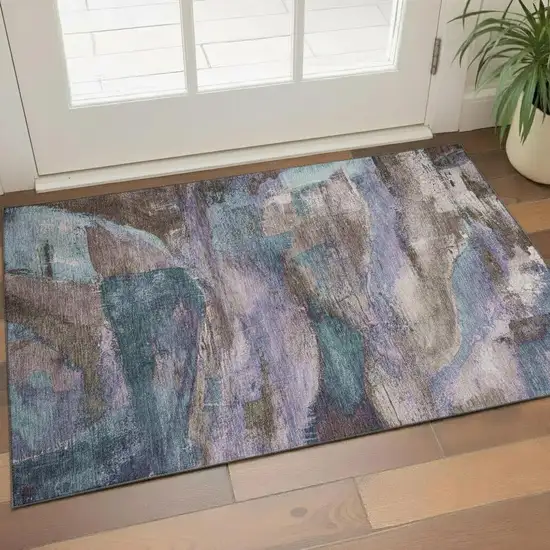 Coffee And Blue Abstract Washable Area Rug With UV Protection Photo 2