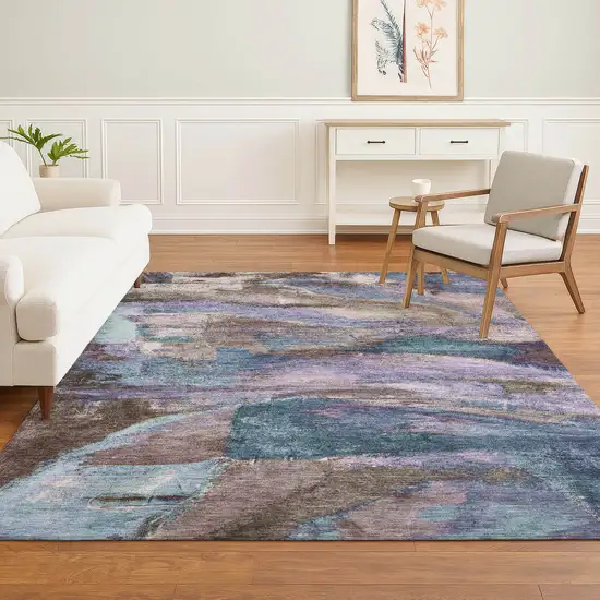 Coffee And Blue Abstract Washable Area Rug With UV Protection Photo 6