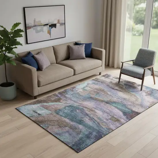 Coffee And Blue Abstract Washable Area Rug With UV Protection Photo 2