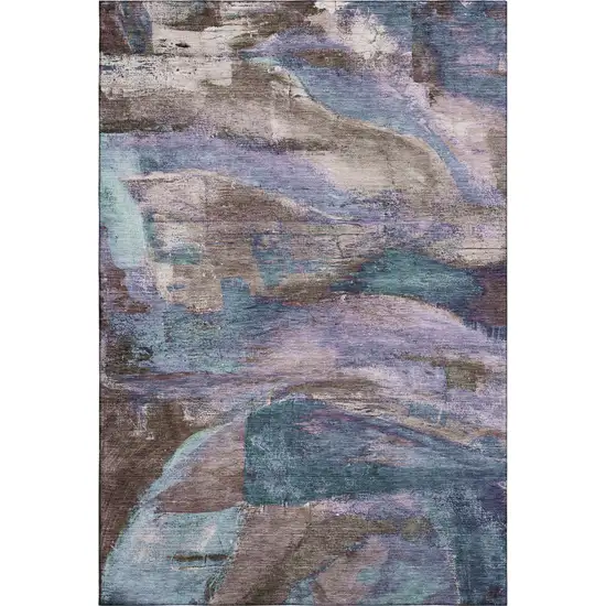 Coffee And Blue Abstract Washable Area Rug With UV Protection Photo 1