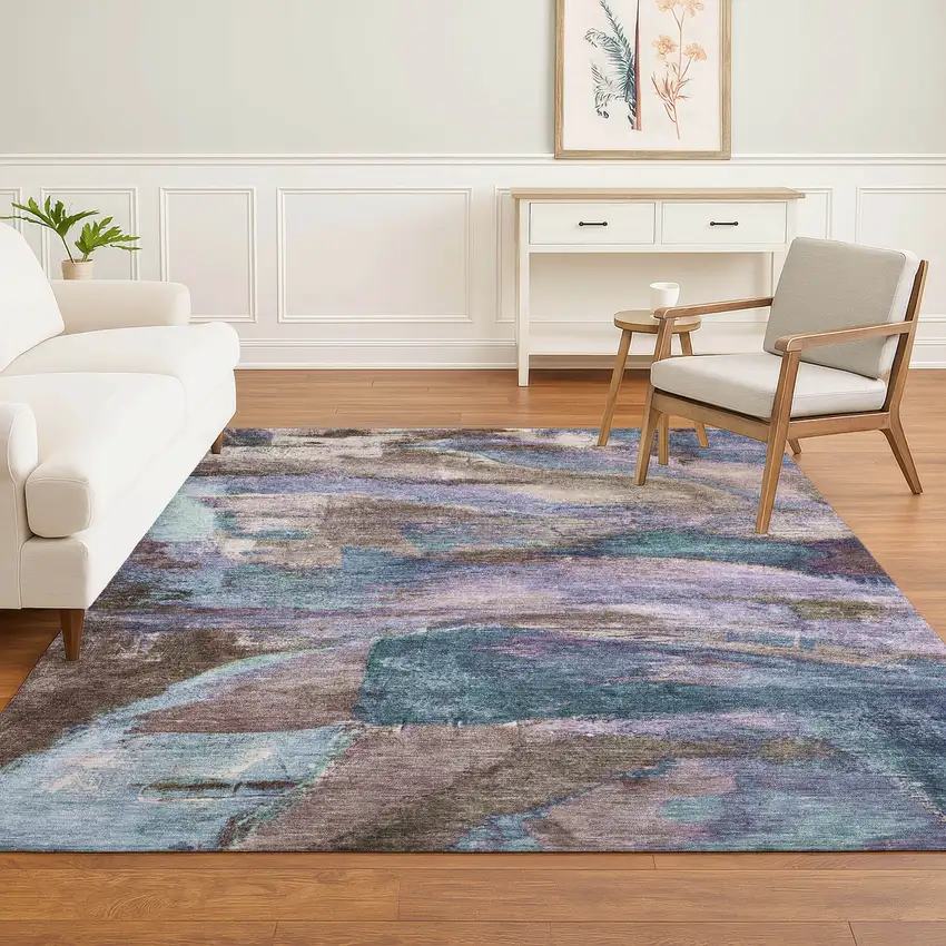 Coffee And Blue Abstract Washable Area Rug With UV Protection Photo 6
