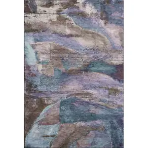 Photo of Coffee And Blue Abstract Washable Area Rug With UV Protection