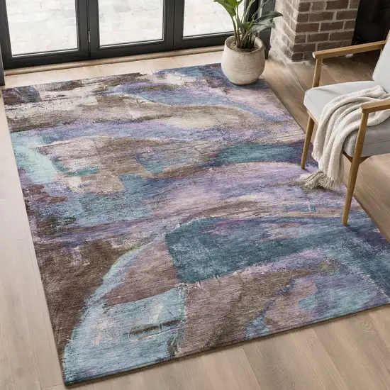 Coffee And Blue Abstract Washable Area Rug With UV Protection Photo 5