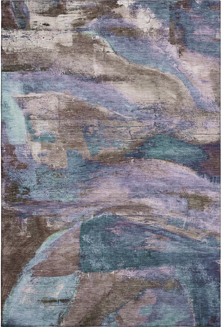 Coffee And Blue Abstract Washable Area Rug With UV Protection Photo 1