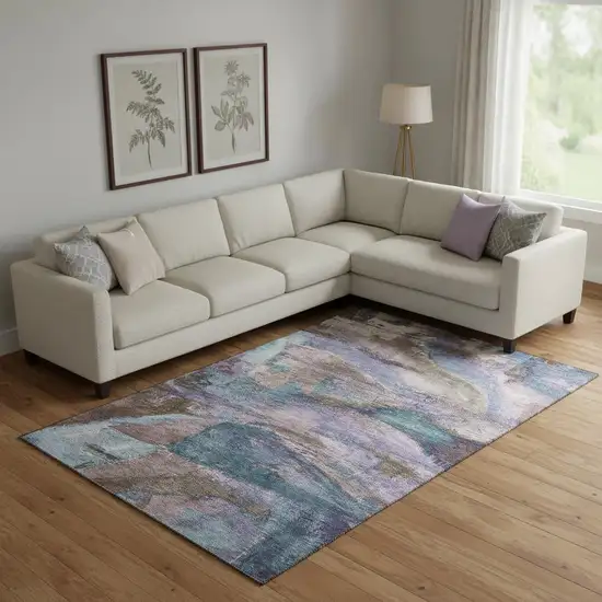 Coffee And Blue Abstract Washable Area Rug With UV Protection Photo 2