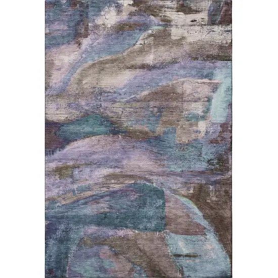 Coffee And Blue Abstract Washable Area Rug With UV Protection Photo 4