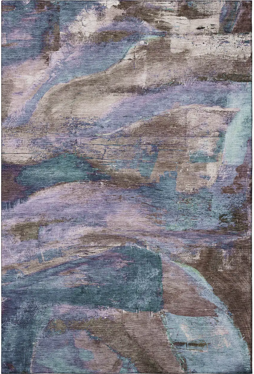 Coffee And Blue Abstract Washable Area Rug With UV Protection Photo 4