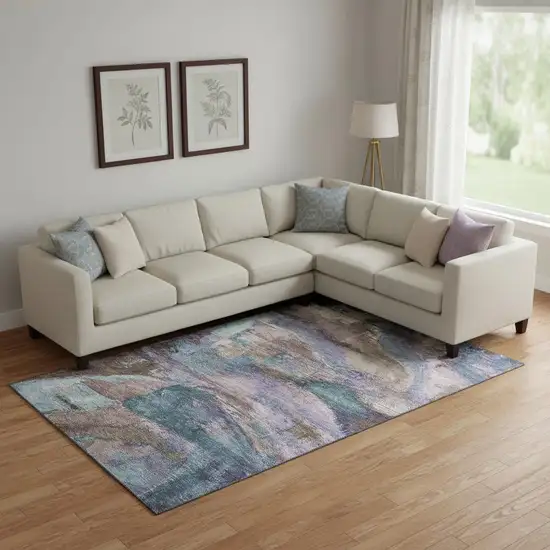 Coffee And Blue Abstract Washable Area Rug With UV Protection Photo 2