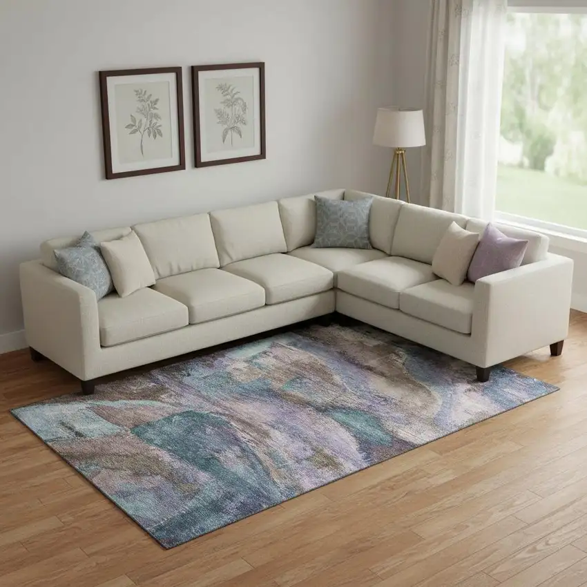 Coffee And Blue Abstract Washable Area Rug With UV Protection Photo 2