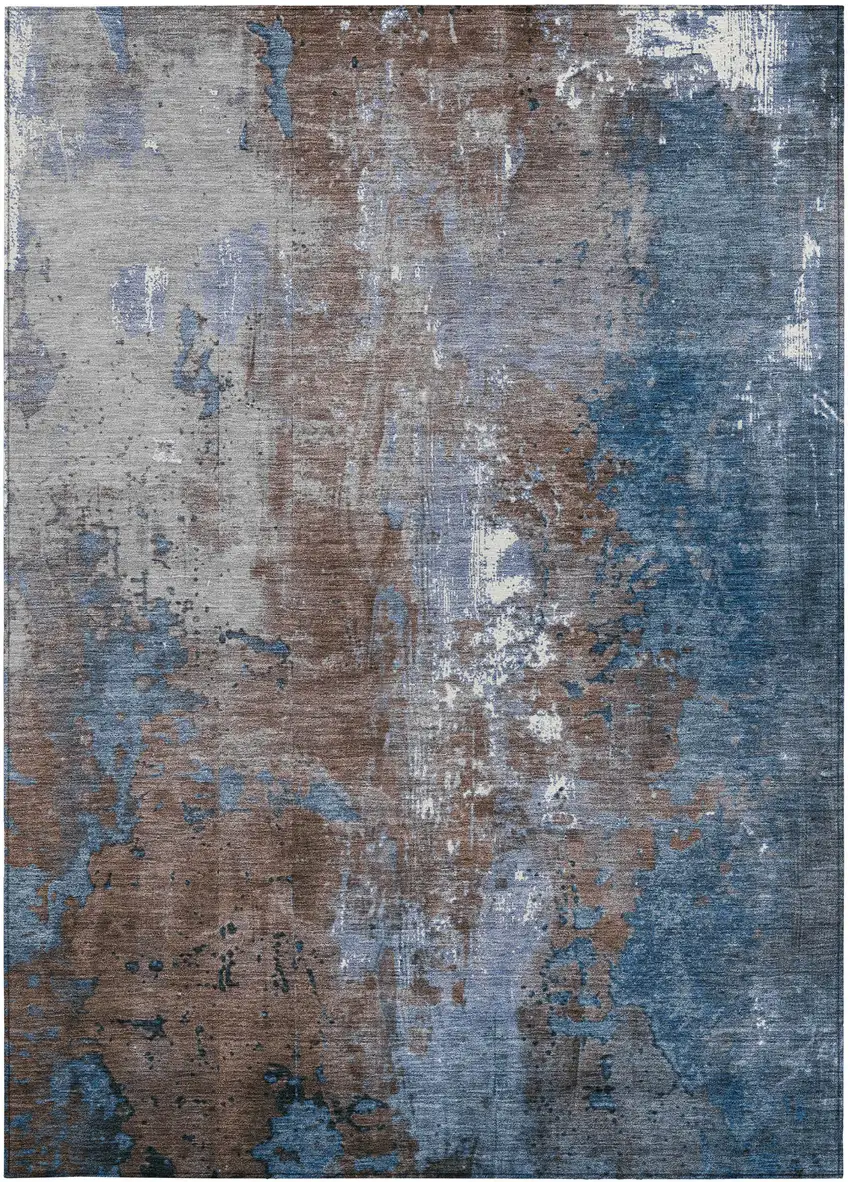 Coffee And Blue Abstract Washable Indoor Outdoor Area Rug Photo 4
