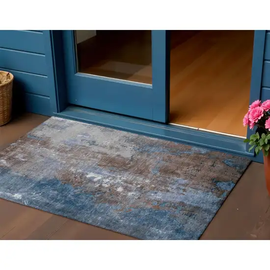 Coffee And Blue Abstract Washable Indoor Outdoor Area Rug Photo 2