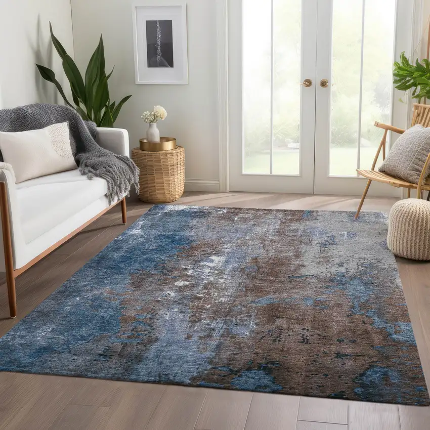 Coffee And Blue Abstract Washable Indoor Outdoor Area Rug Photo 7