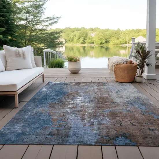 Coffee And Blue Abstract Washable Indoor Outdoor Area Rug Photo 5