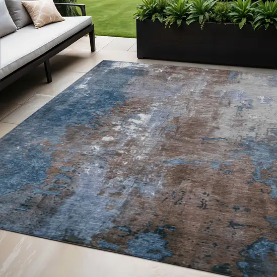 Coffee And Blue Abstract Washable Indoor Outdoor Area Rug Photo 2