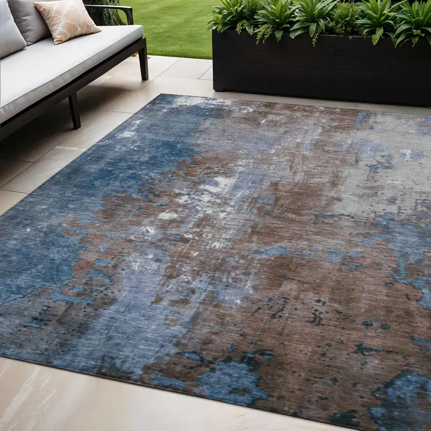 Coffee And Blue Abstract Washable Indoor Outdoor Area Rug Photo 2