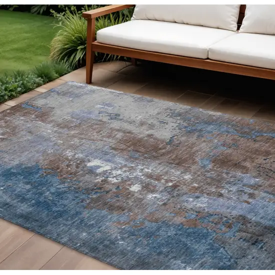 Coffee And Blue Abstract Washable Indoor Outdoor Area Rug Photo 2