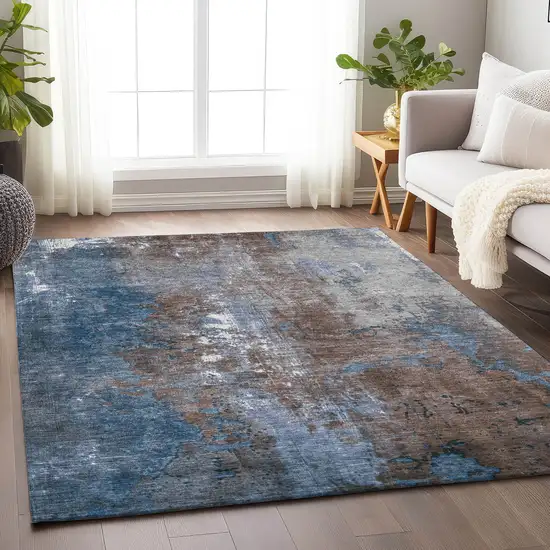 Coffee And Blue Abstract Washable Indoor Outdoor Area Rug Photo 6
