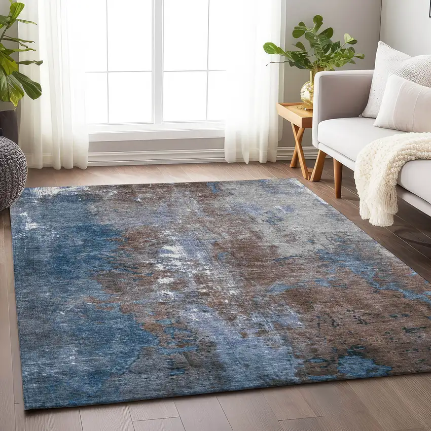 Coffee And Blue Abstract Washable Indoor Outdoor Area Rug Photo 6