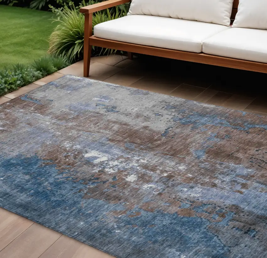 Coffee And Blue Abstract Washable Indoor Outdoor Area Rug Photo 2