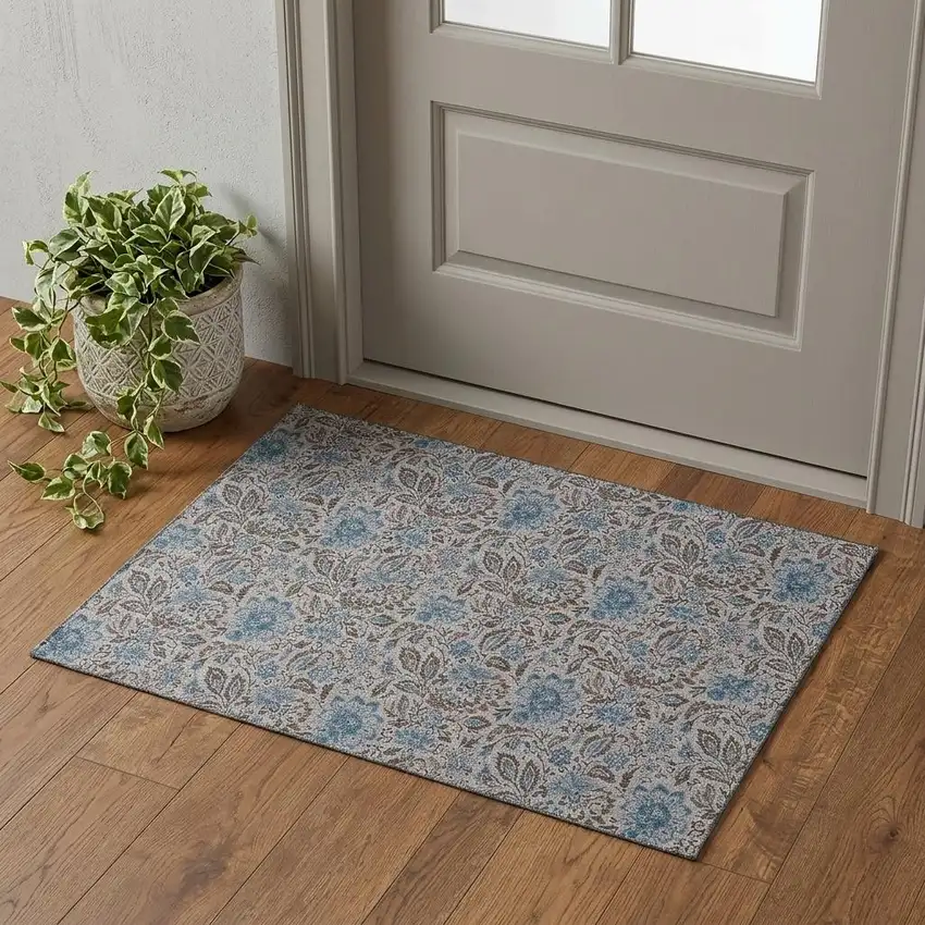 Coffee And Blue Floral Washable Area Rug With UV Protection Photo 1