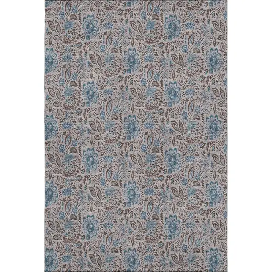 Coffee And Blue Floral Washable Area Rug With UV Protection Photo 1