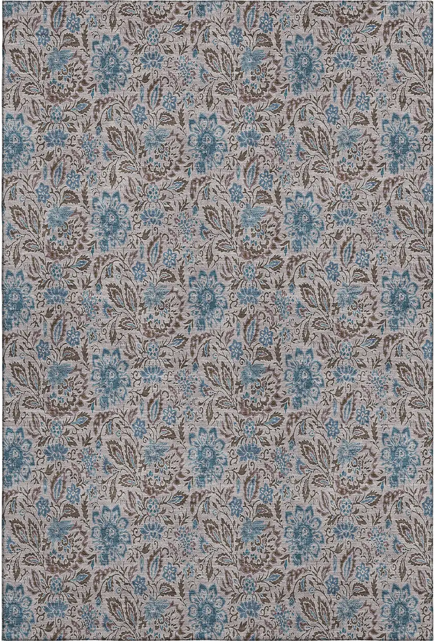 Coffee And Blue Floral Washable Area Rug With UV Protection Photo 1