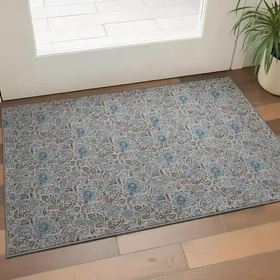 Coffee And Blue Floral Washable Area Rug With UV Protection Photo 1