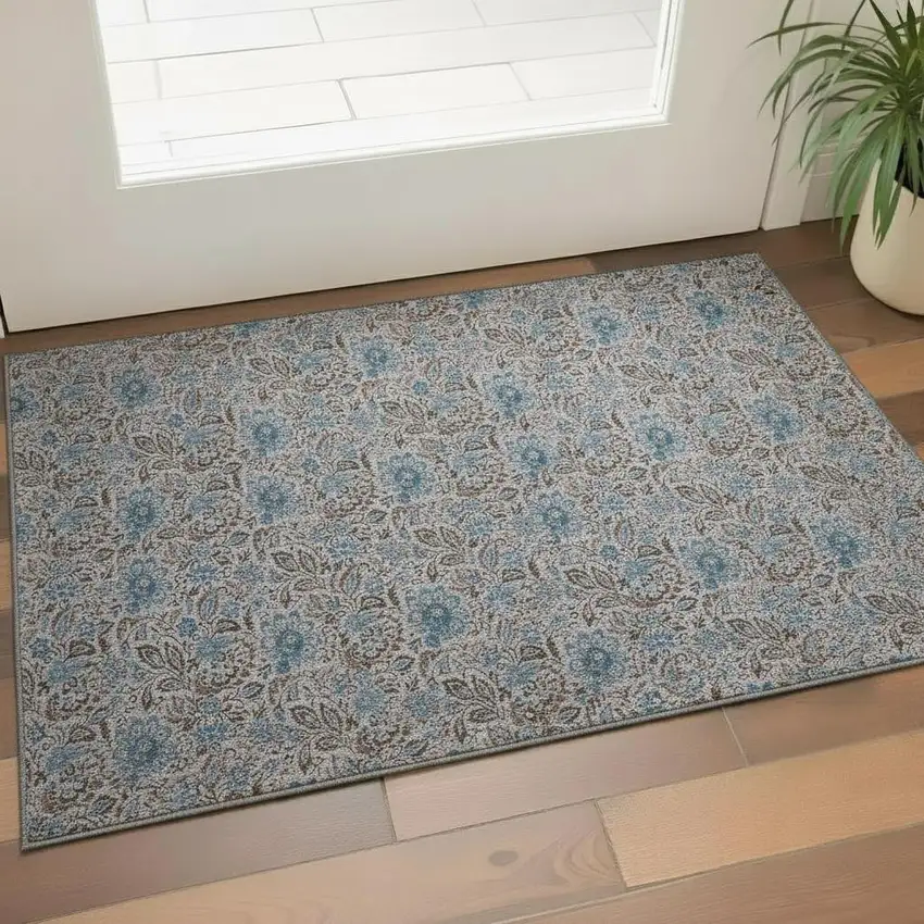 Coffee And Blue Floral Washable Area Rug With UV Protection Photo 1