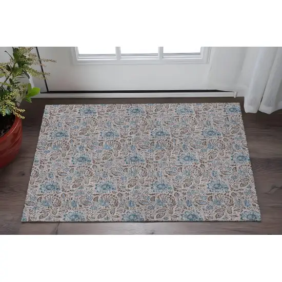 Coffee And Blue Floral Washable Area Rug With UV Protection Photo 2