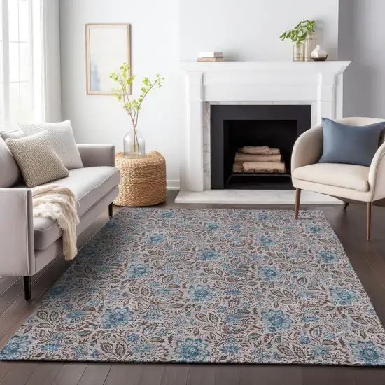 Coffee And Blue Floral Washable Area Rug With UV Protection Photo 3