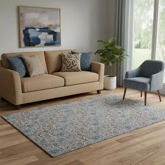 Coffee And Blue Floral Washable Area Rug With UV Protection Photo 1